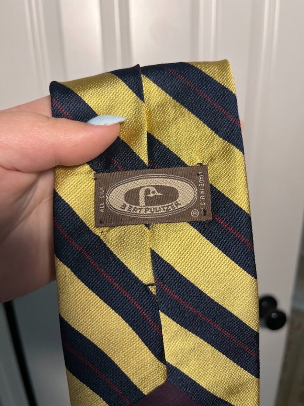 Bert Pulitzer Vintage Rep Stripe Silk Necktie Yellow Navy Blue Made in USA